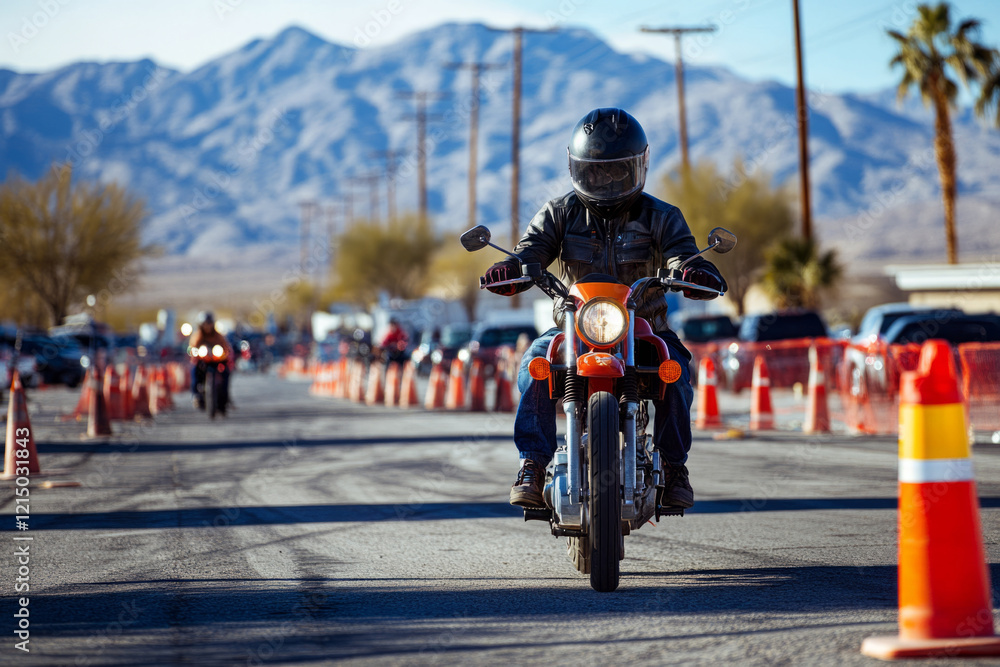 Wall mural Biker riding a motorcycle on a track marked with traffic cones, practicing maneuvering skills with a mountain range in the distance