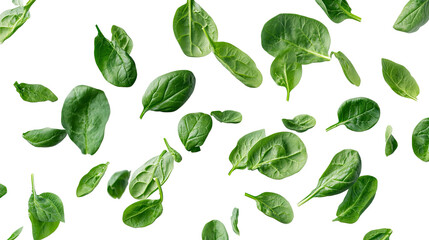Spinach Shower: Fresh, vibrant spinach leaves cascade through the air, capturing the essence of healthy living and culinary creativity in this dynamic, isolated shot.