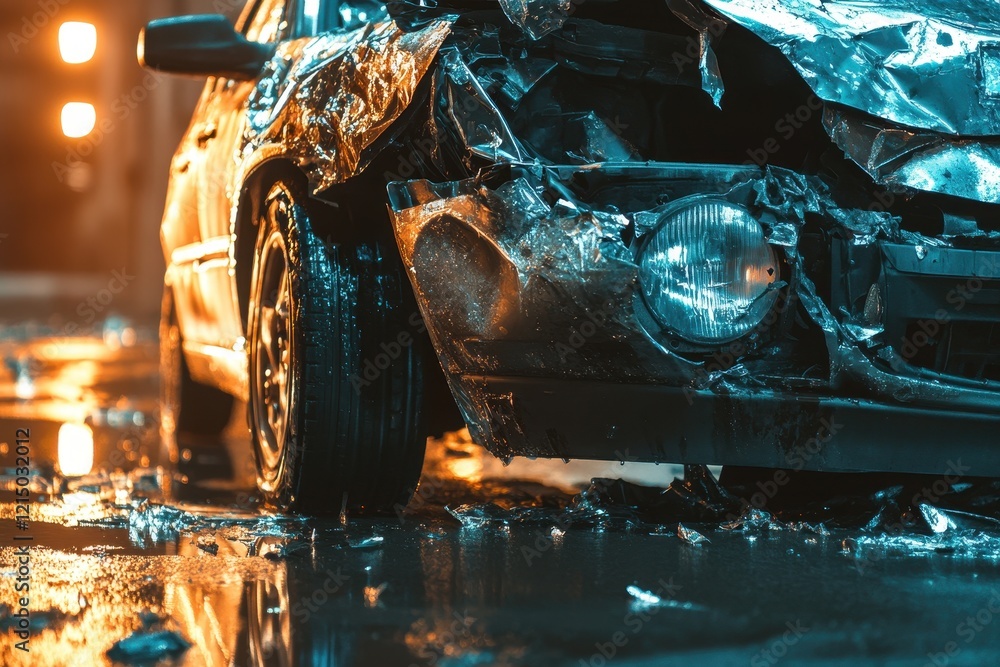 Poster broken car in an accident. crash on the road. background with selective focus and copy space .