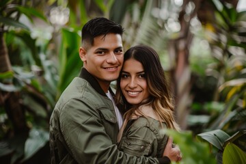 Portrait of a joyful latino couple in their 20s wearing a trendy bomber jacket over lush green garden