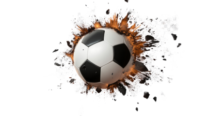 Soccer Ball Explosion: A classic black and white soccer ball bursts through a cloud of dust and debris, capturing the raw energy and power of the game.