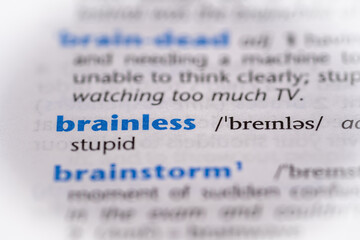 Brainless word in a dictionary. Selective focus, close up.