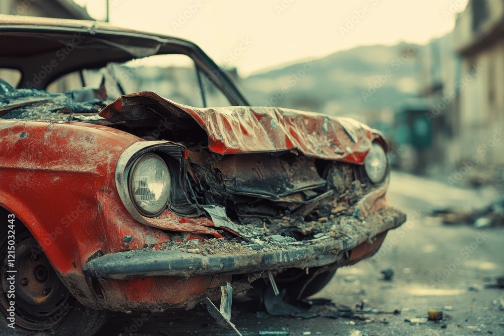 Poster broken car in an accident. crash on the road. background with selective focus and copy space .