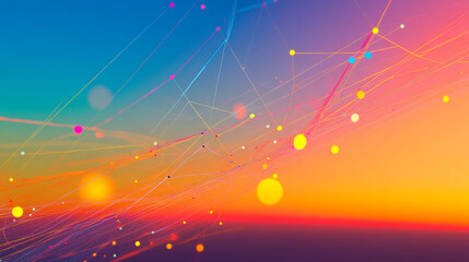 An abstract, vibrant radar chart with pulsating neon edges and colorful data points against a gradient sky.