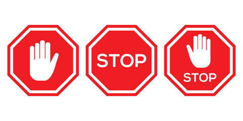 Red stop sign icon set. White text and hand symbol on red traffic sign. Vector illustration.
