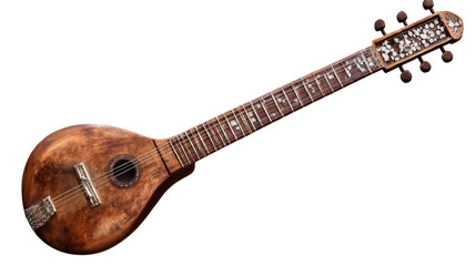 Vintage Lap Steel Guitar: A richly hued vintage lap steel guitar, showcasing intricate fretwork and a unique pearloid body, rests against a clean backdrop. Its aged wood exudes a timeless charm. 