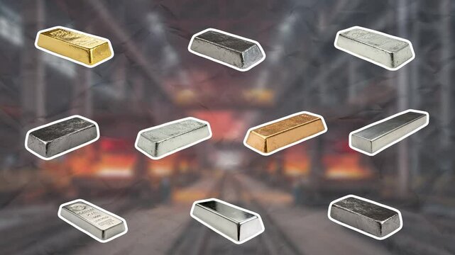 Bars of gold, silver, platinum, bronze and other metals in a white outline move chaotically. Concept of precious metals. Smooth animation on color paper background