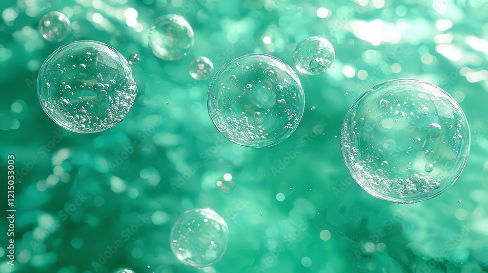 Poster close-up of translucent bubbles floating in teal liquid.