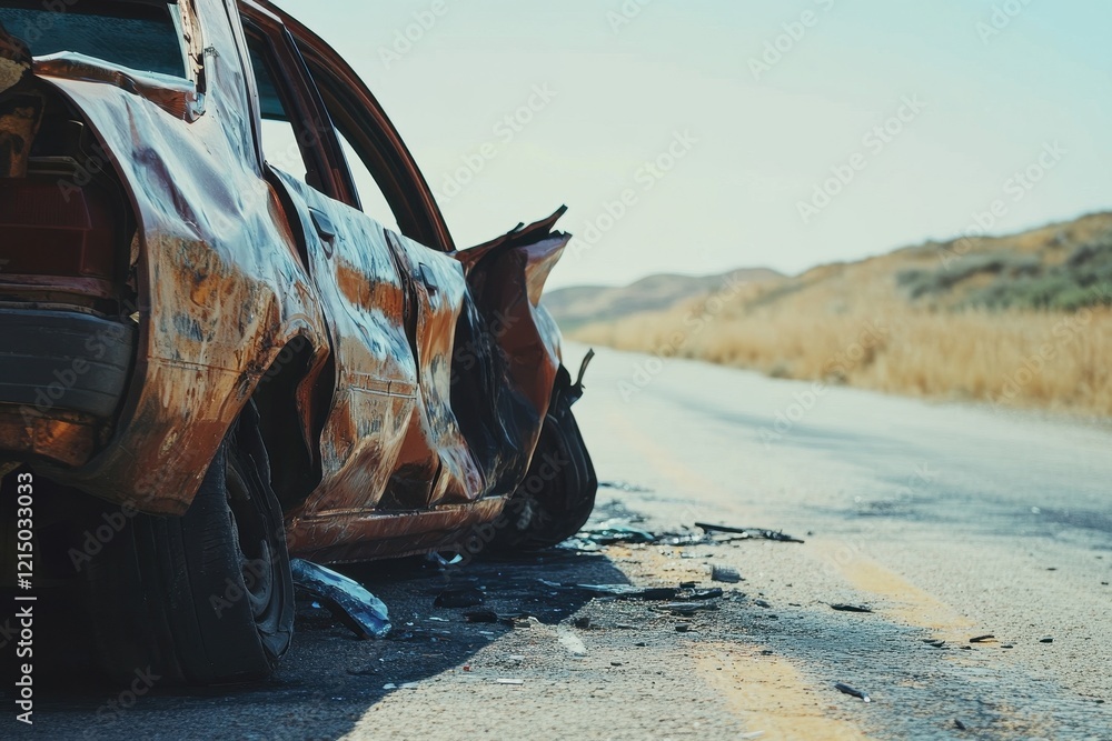 Poster broken car in an accident. crash on the road. background with selective focus and copy space .