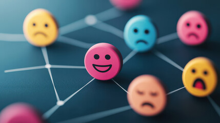 Colorful emoticons representing diverse emotions connected in a network, symbolizing communication and social interaction.