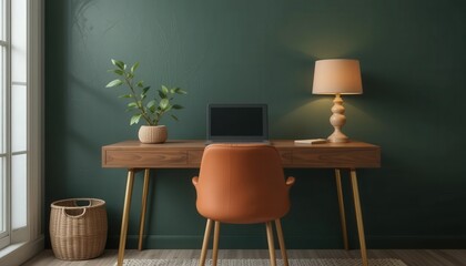 A stylish workspace is highlighted by a warm wooden desk with a comfortable orange chair. A soft lamp illuminates a small plant, creating an inviting atmosphere for creative tasks