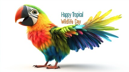 Obraz premium Tropical parrot with vibrant feathers and Happy Tropical Bird Day text, symbolizing bird watching and nature appreciation. High quality illustration