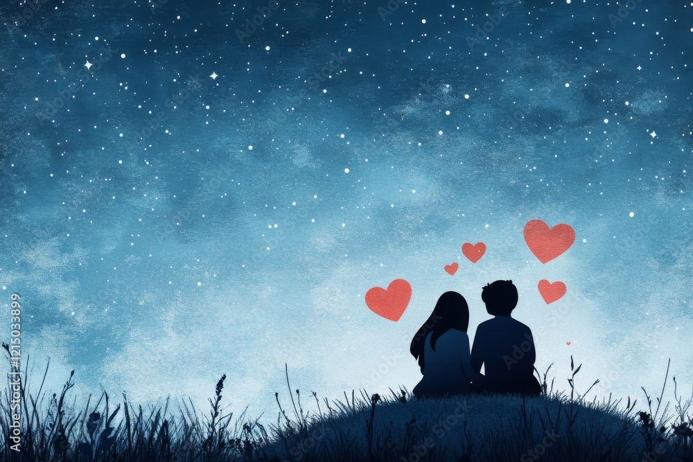 Poster A pixel art animation of a couple sitting together on a hill under a starry sky, with tiny pixelated hearts floating between them