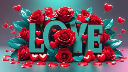 A vibrant Valentine's Day card concept featuring red hearts and roses. Valentine's Day 3D Text image.Happy valentines day greeting card banner lettering romantic red pink love heart theme.