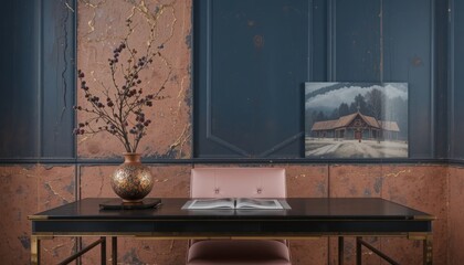 A stylish workspace features a sleek black desk with a vintage floral vase filled with branches. A serene landscape painting adds character to the calm, muted space with textured walls