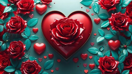 A vibrant Valentine's Day card concept featuring red hearts and roses. Valentine's Day 3D Text image.Happy valentines day greeting card banner lettering romantic red pink love heart theme.