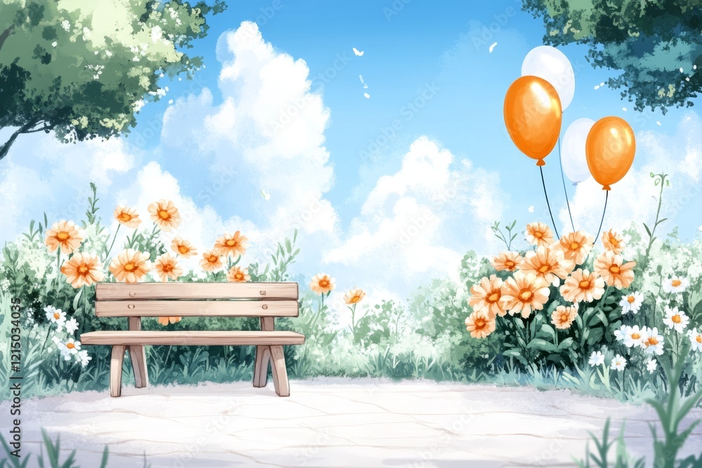 Poster a pixel art depiction of a sunny park with tiny smiling characters, balloons, and pixelated flowers 