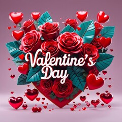 A vibrant Valentine's Day card concept featuring red hearts and roses. Valentine's Day 3D Text image.Happy valentines day greeting card banner lettering romantic red pink love heart theme.