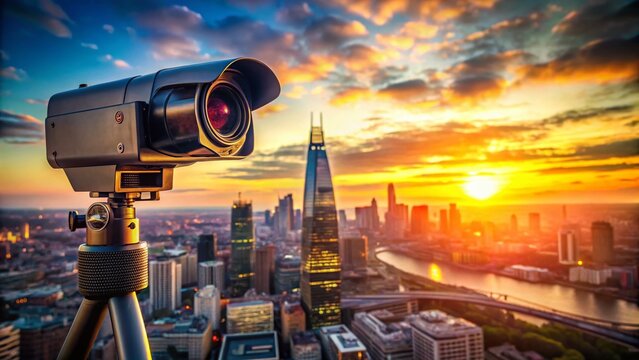 London ULEZ Camera Close-Up: Double Exposure Cityscape Stock Photo