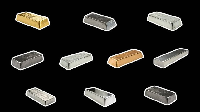 Bars of gold, silver, platinum, bronze and other metals in a white outline move chaotically. Concept of precious metals. Smooth animation on transparent background