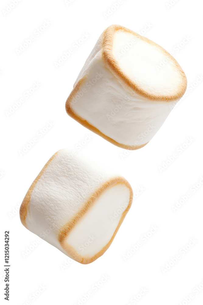 Poster two marshmallows on a black background showcasing texture and shape isolated on transparent backgrou