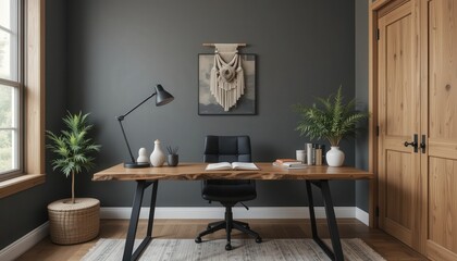 A stylish home office showcases a large wooden desk and a comfortable chair, adorned with plants and decorative items, creating an inviting atmosphere for productivity