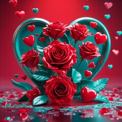 A vibrant Valentine's Day card concept featuring red hearts and roses. Valentine's Day 3D Text image.Happy valentines day greeting card banner lettering romantic red pink love heart theme.