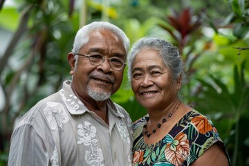 Portrait of a satisfied multicultural couple in their 80s wearing a simple cotton shirt on lush green garden