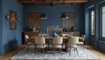 A beautifully designed dining area showcases a large wooden table surrounded by cozy chairs. Soft blue walls enhance the warm ambiance, perfect for family meals and celebrations