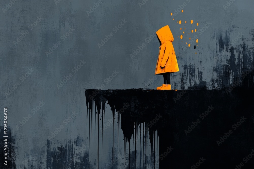 Poster a pixel art scene of a small character standing at the edge of a cliff, nervously looking down at th