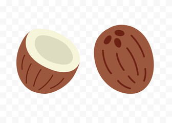 Coconut half and whole fruit flat style vector set