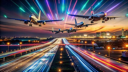 Fototapeta premium Long Exposure Airplane Takeoff: Dynamic Flight Speed Variations
