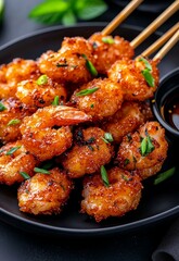 Fototapeta premium Crispy Shrimp Tempura with Dipping Sauce on Black Plate Garnished with Herbs