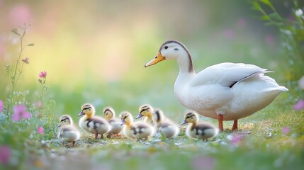 Obraz premium Ducklings Following Their Mother in a Sunlit Meadow