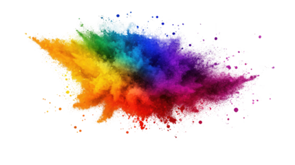 Rainbow Explosion: A vibrant explosion of colorful powder paints a mesmerizing spectacle of rainbow hues against a stark white background. This dramatic image evokes a sense of energy, creativity.