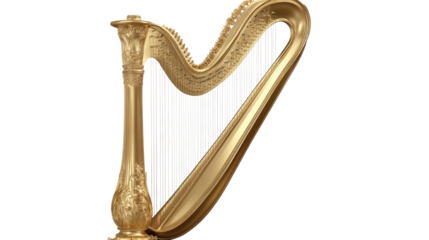 Golden Harp: A majestic golden harp, intricately carved and gleaming, stands poised, ready to fill the air with enchanting melodies. 