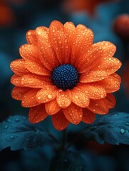 Close-up shot of a vibrant orange daisy with a blue center, covered in water droplets on a dark background