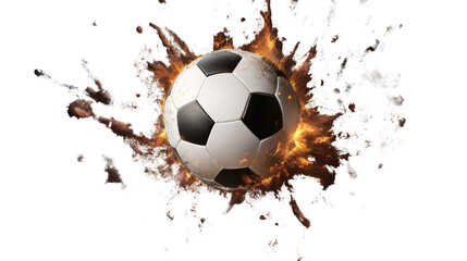 Naklejka premium Soccer Ball on Fire: A classic black and white soccer ball explodes in a fiery burst, creating a visually striking and dynamic image that symbolizes passion, energy, and the thrill of the game.