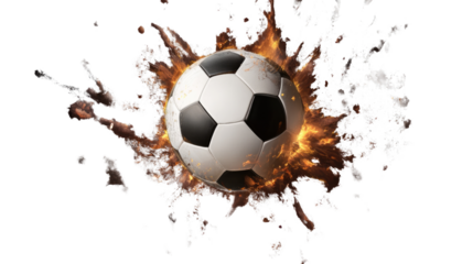 Soccer Ball on Fire: A classic black and white soccer ball explodes in a fiery burst, creating a visually striking and dynamic image that symbolizes passion, energy, and the thrill of the game.