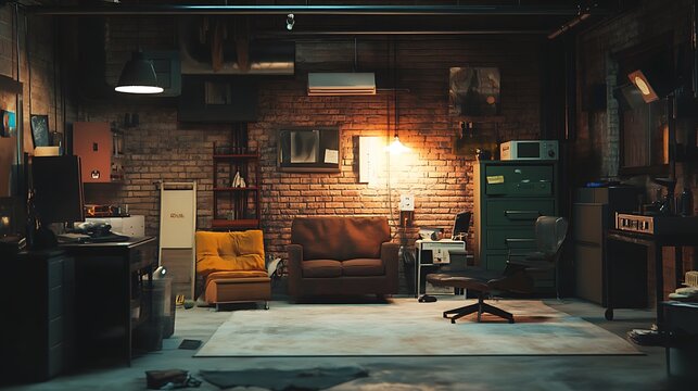 Dark, cluttered basement room with furniture, brick walls, and equipment.