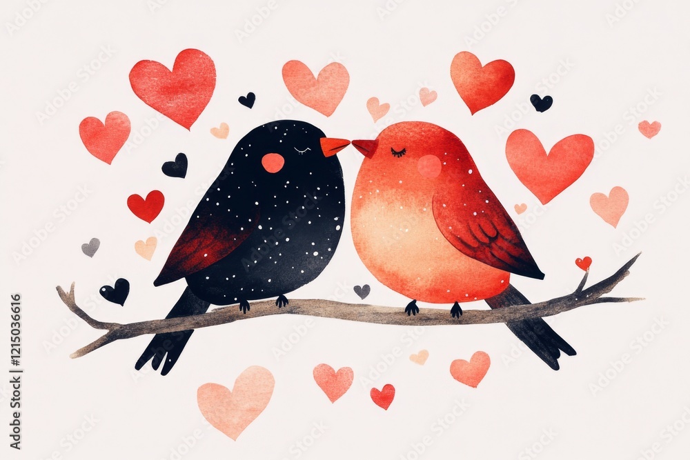 Poster a simple 2d illustration of a pair of lovebirds sitting on a branch, surrounded by floating hearts o