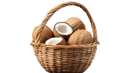 Wicker Basket of Coconuts:  A rustic wicker basket overflowing with whole and halved coconuts, their brown husks and white flesh contrasting beautifully, evokes a sense of tropical paradise and sweet.
