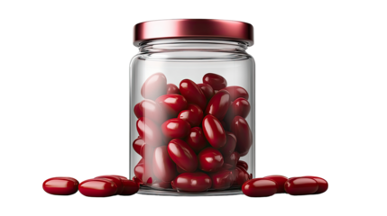 Red Pills in Glass Jar: A glass jar filled with red pills, with some spilled out, evokes a sense of medical care, health, and well-being. This photo can be used for various purposes.