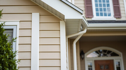 Fototapeta premium Captivating Home Exterior: Beige Siding, White Trim, and Architectural Details