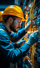 Diligent electrical engineer working on wiring systems