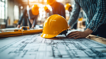 Construction workers focus on project plans with yellow helmets