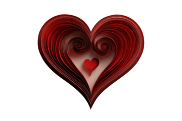 Red heart with swirling patterns on a white background for romantic or artistic themes isolated on transparent background.