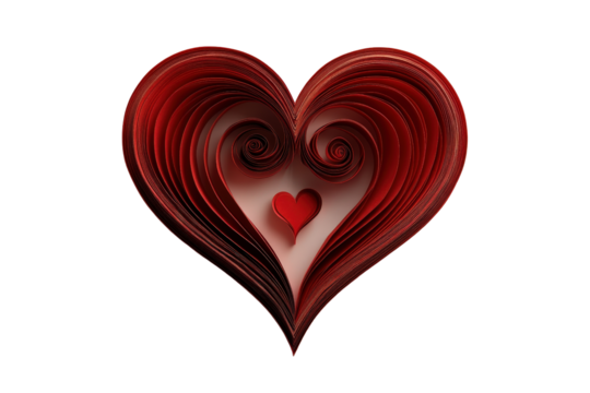 Red heart with swirling patterns on a white background for romantic or artistic themes isolated on transparent background.