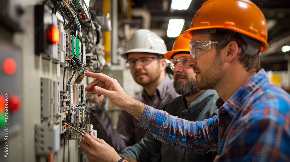 Poster engineers collaborating on wiring project in factory