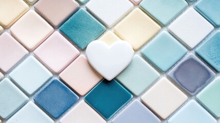White Heart on Pastel Diamond Tile Background